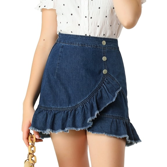 DARING DIVA Women's Ruffle Hem Button Mini Denim Jeans Skirt XS Blue