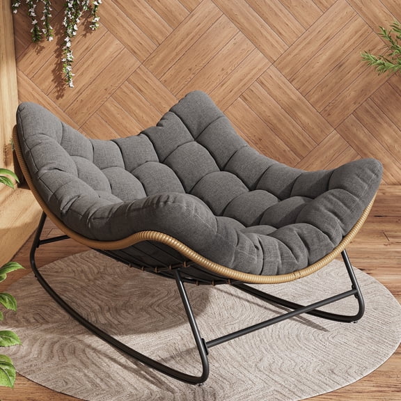 Poteban Outdoor Rocking Chair, Indoor Papasan Chair, Oversized Egg Rocking Chair with Thick Cushion, Rattan Wicker Rocker Lounge Chair for Bedroom, Living Room, Patio, Garden, Porch (Dark Grey)