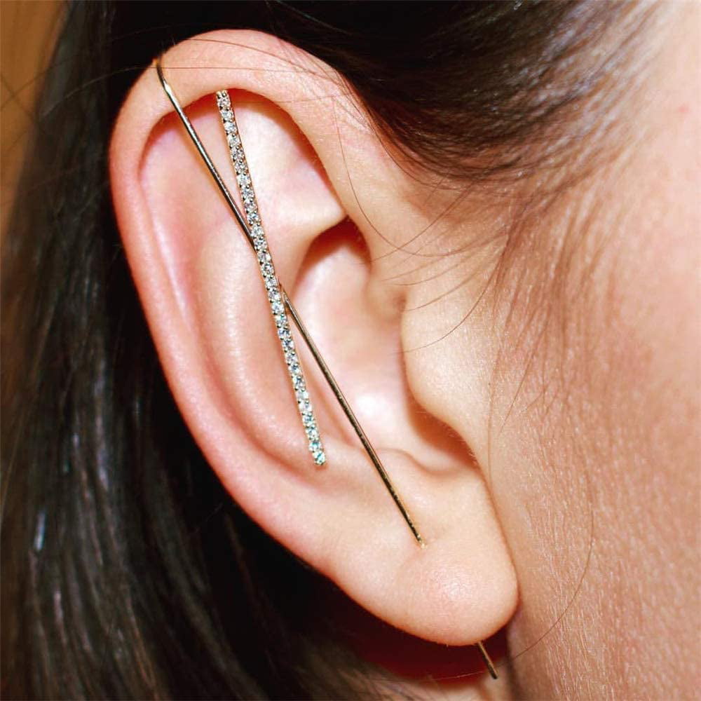 Fashion 2 Piece Sparkling Metal Crystal Ear Wrap Comfortable Crawler Hook Earrings Simple Gold Hypoallergenic Crawler Inlaid Zircon Piercing Geometric Stud Earrings for Women Girls Popular Jewelry