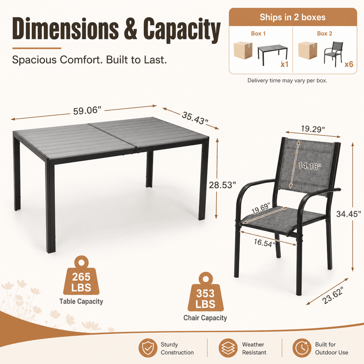 7 Piece Outdoor Dining Set, Patio Dining Table Set for 6 Persons, Garden Patio Textilene Dining Furniture Set with Plastic-Wood Tabletop, Dining Table Chairs Conversation Set for Deck Patio