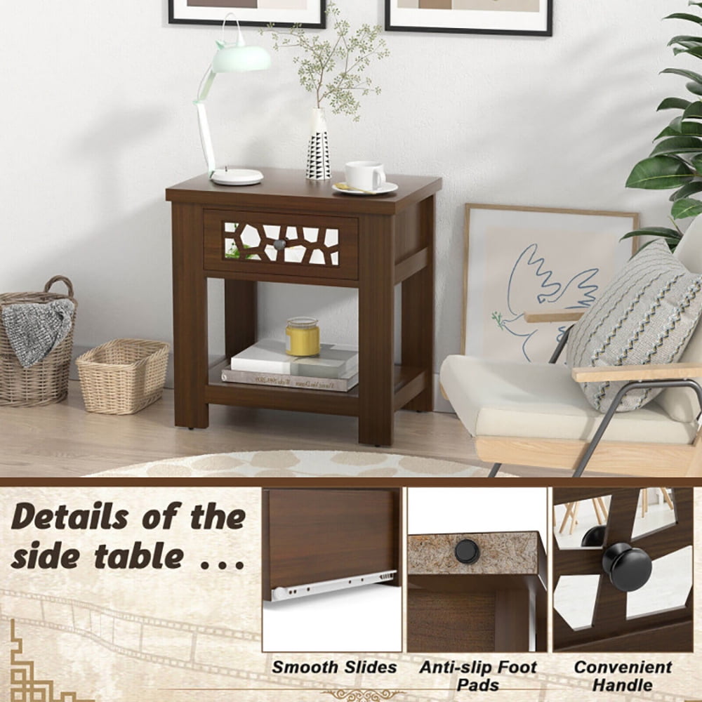 Finihen End Table, Wood Retro End Table with Mirrored Glass Drawer and Open Storage Shelf, Sofa Side Table, Bed Side Table, for Living Room, Bedroom, Brown Finihen End Table, Wood Retro End Table with Mirrored Glass Drawer and Open Storage Shelf, Sofa Side Table, Bed Side Table, for Living Room, Bedroom, Brown