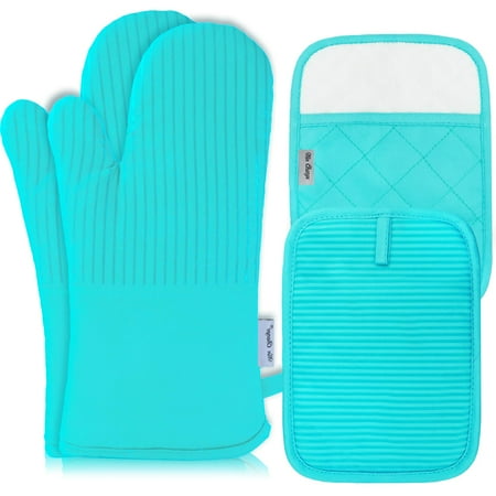 

Win Change Oven Mitts and Pot Holders Sets with Silicone Heat Resistant Oven Mitts and Pot Holders Soft Cotton Lining Thick Gloves Pot Holders for Kitchen Baking Cooking Pack of 4 Blue C48