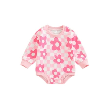 

Bagilaanoe Toddler Baby Girl Oversized Romper Sweatshirt Long Sleeve Bodysuit Flower Checkerboard Print Pullover 6M 12M 18M 24M 3T Infant Fall Tops Tee