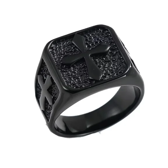 PAURO Men's Stainless Steel Cross Signet Band Ring Christian Cross Ring Religious Jewellery Black Size 7