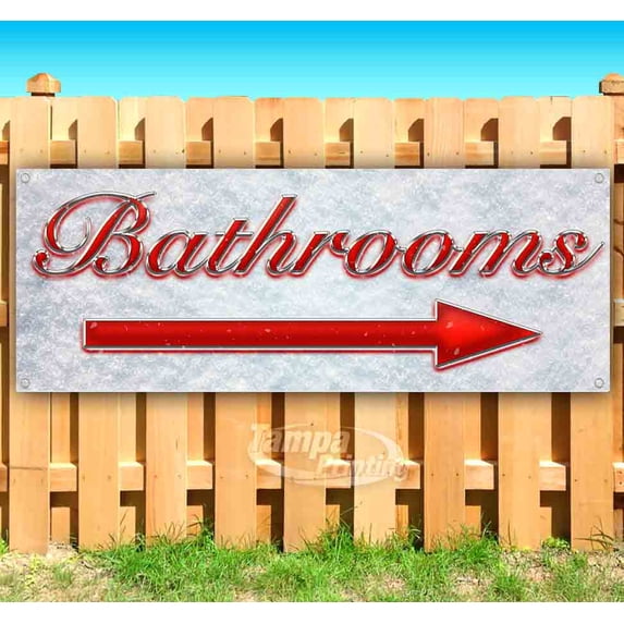 Bathrooms Right Arrow Red & Chrome 13 oz Vinyl Banner With Metal Grommets
