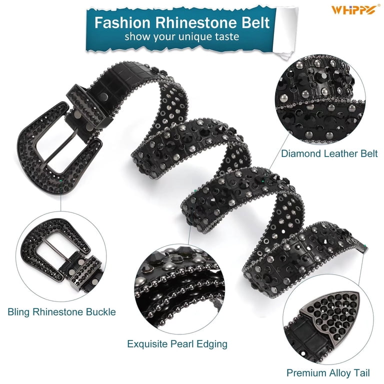 Whippy Rhinestone Studded Leather Belt, Western, Black photo 5