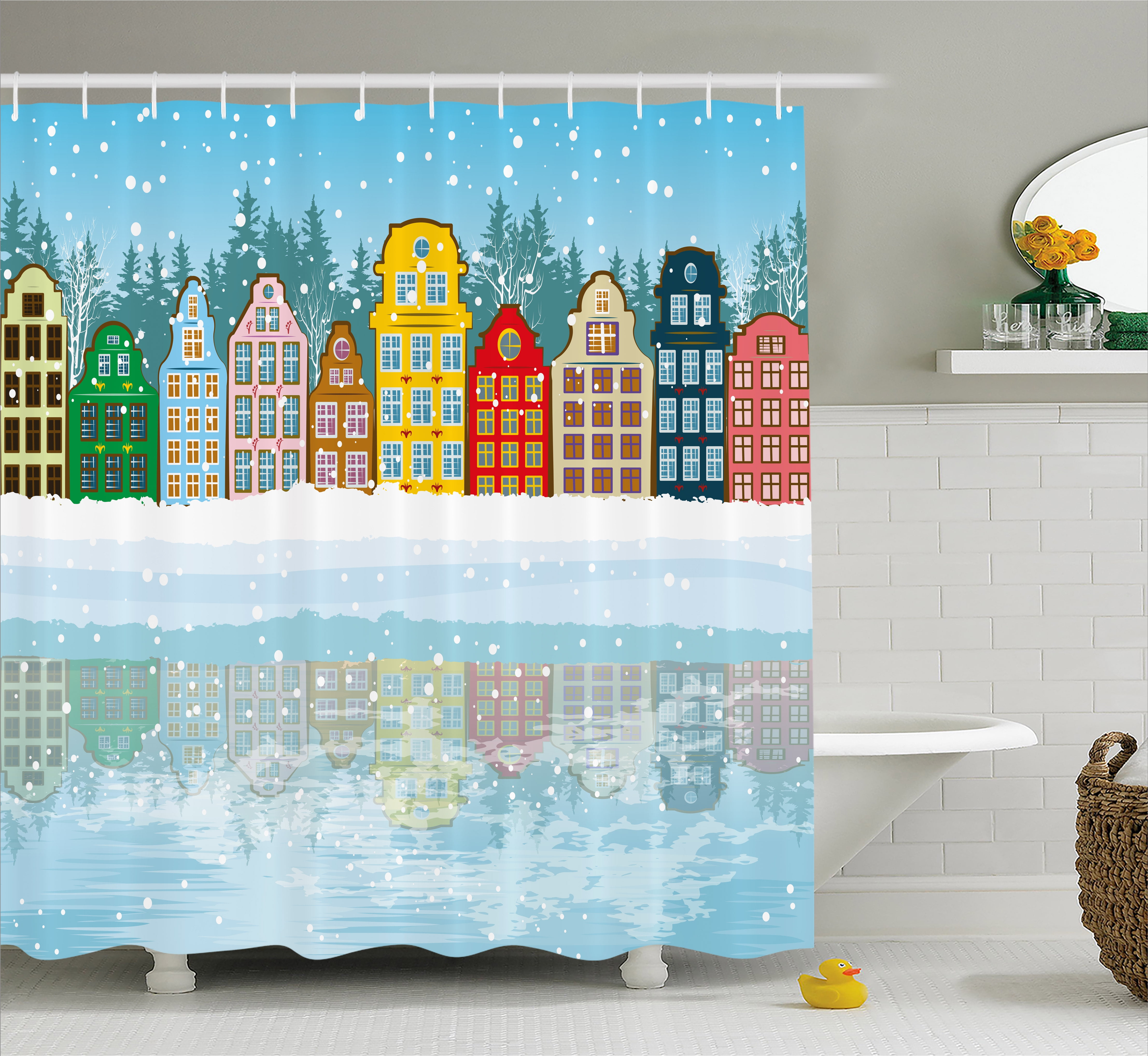 Winter Shower Curtain, Christmas Season Themed Snowy Digital Art Multicolored Houses and