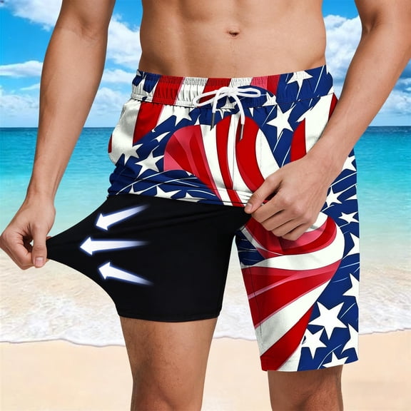 Yusimy Mens 4th of July Print Swim Shorts with Drawstring Elastic Waist Lined Pockets Beach Vacation Swimming Trunks