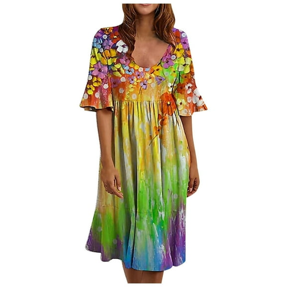 Dyegold Sundresses for Women Casual Beach - Womens Casual Dresses V Neck Short Sleeve Ruffle Floral Printed Boho Midi Sun Dress Loose Flowy Swing Birthday Dress