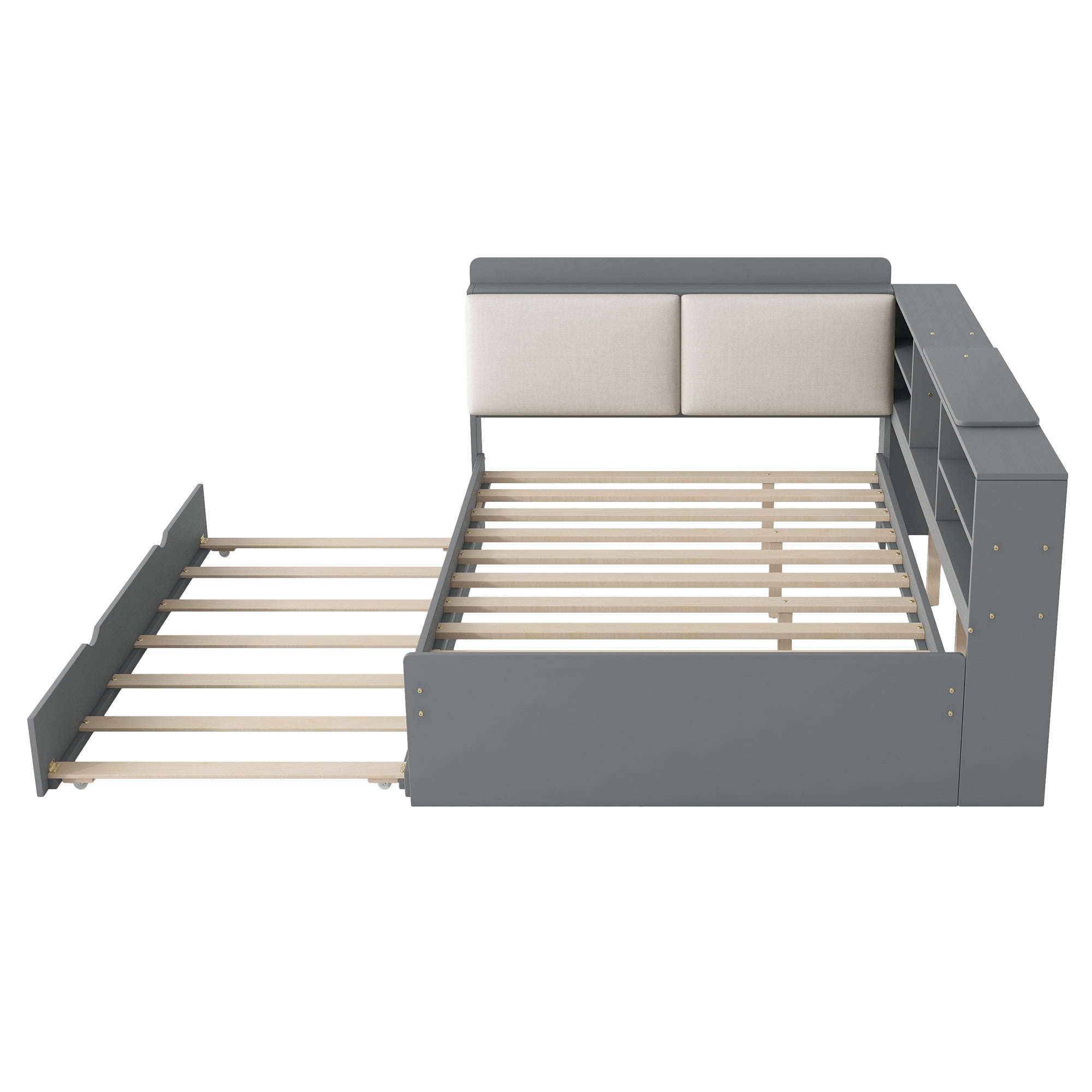 MAYEERTY Wood Full Size platform bed with Trundle, Shelves and Storage Headboard, Gray