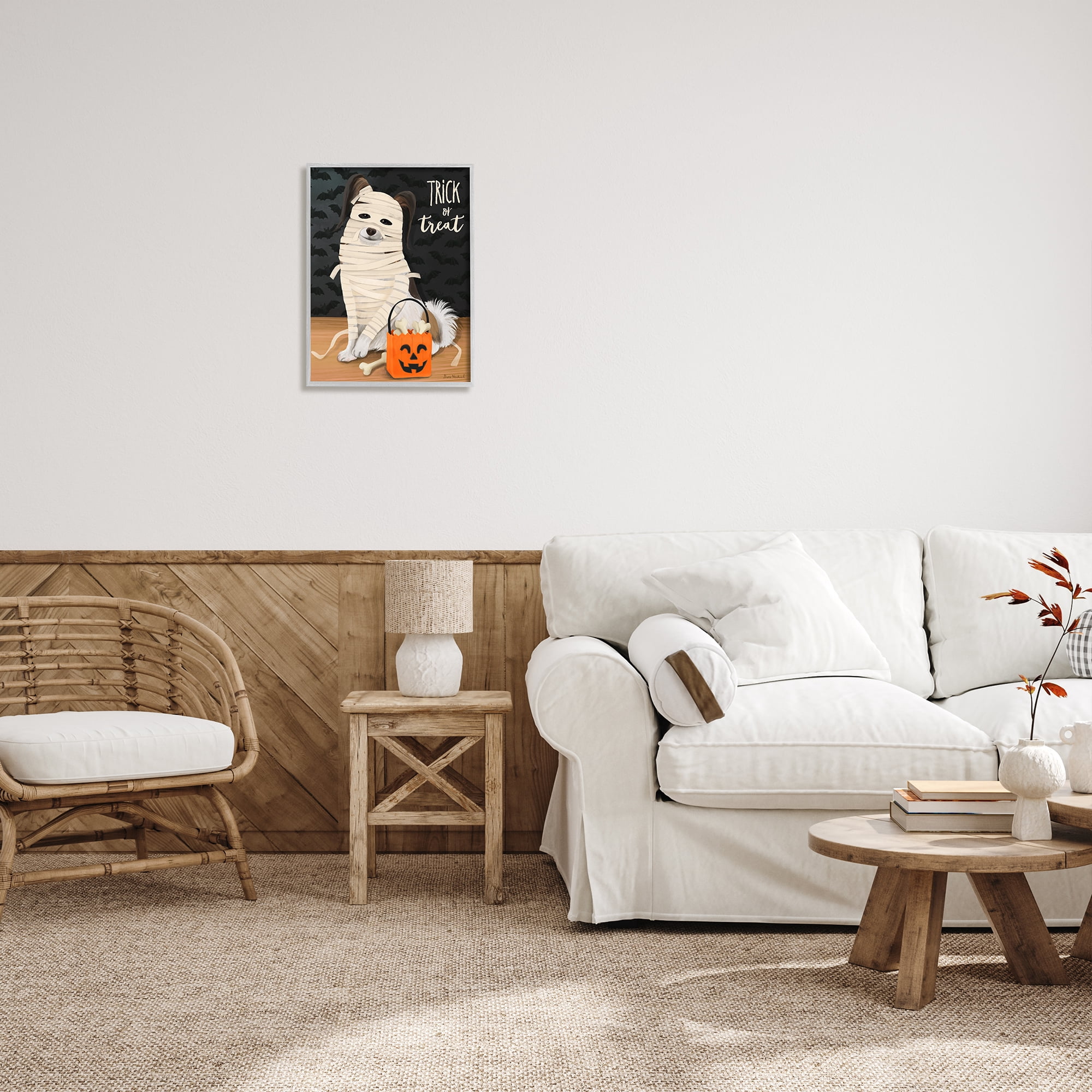 Stupell Industries Dog Wearing Mummy Costume Trick or Treat Halloween Graphic Art Gray Framed Art Print Wall Art, Design by Diane Neukirch