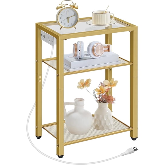 HOOBRO 3-Tier End Table with USB Ports & Outlet, Tempered Glass, Gold
