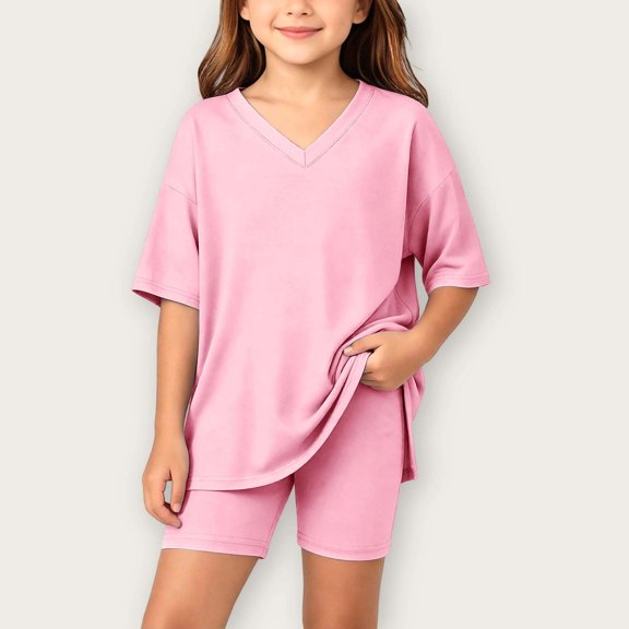 HOMBOM Big Girls Summer Outfits Casual Fashion Solid Color V Neck Short Sleeve T-Shirt and Shorts 2 Piece Set Age 4-15 Years,Pink,12-13 Years