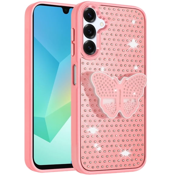 XPM for Samsung Galaxy A16 5G Phone Case, Butterfly Moveable Grip 3D Pop Stand Full Diamond Bling Sparkling TPU Fashion Hybrid Cover for Galaxy A16 (Pink)