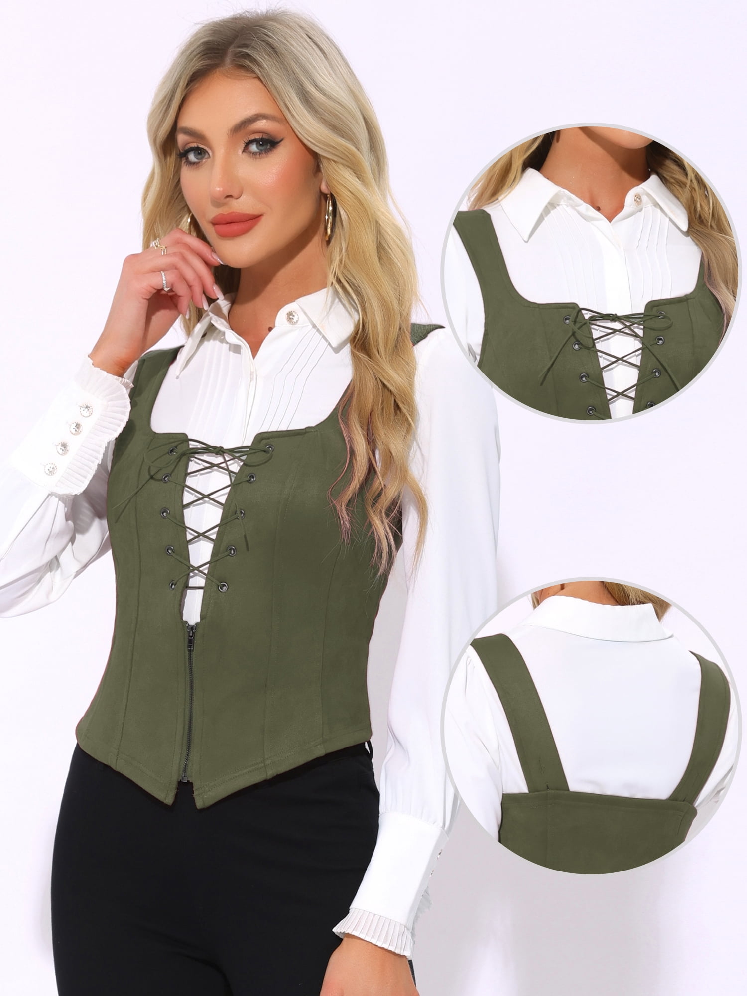 DARING DIVA Women Faux Suede Vintage Lace Up Waistcoat Vest L Dark Green
