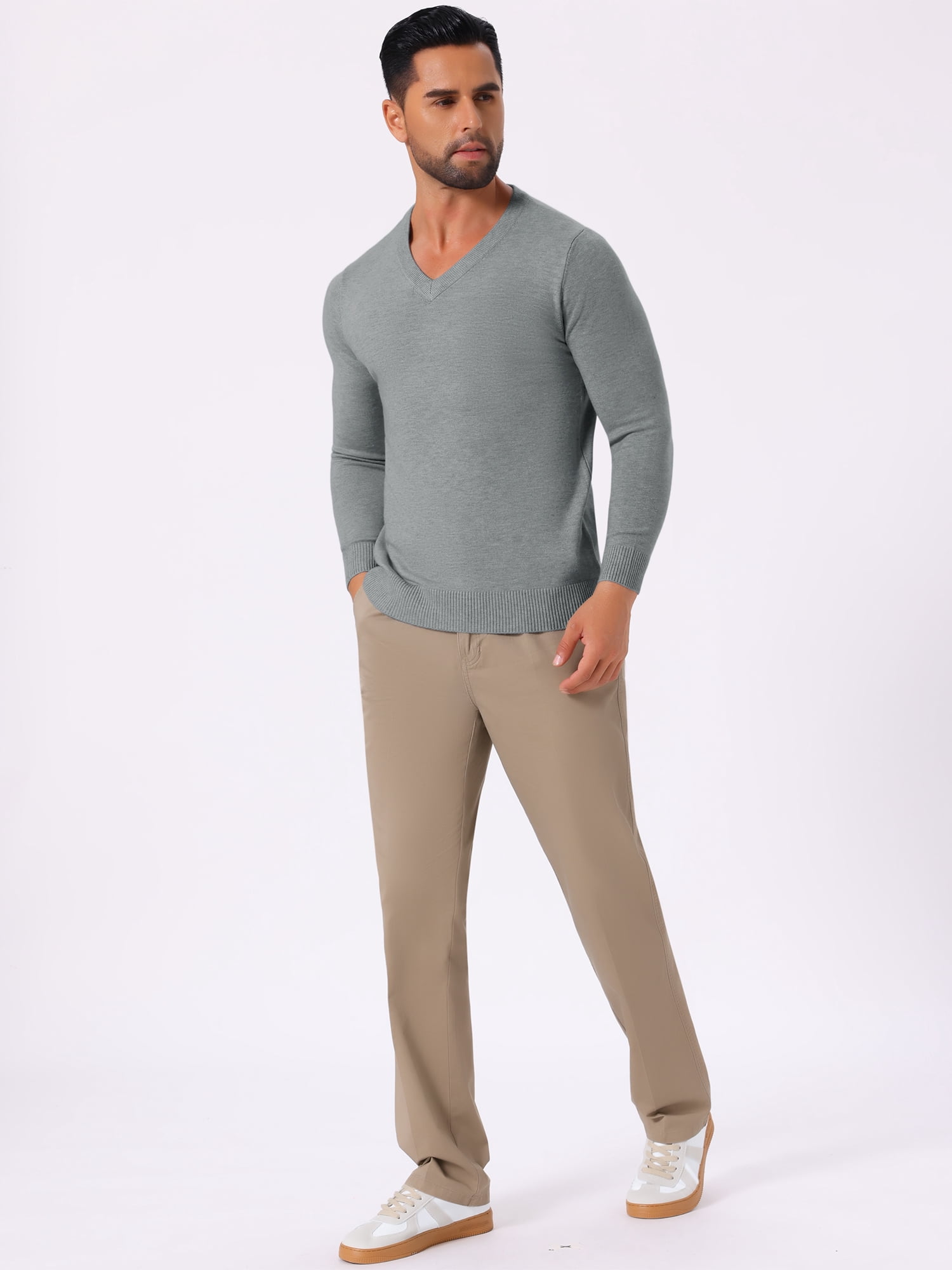 DARING DIVA Men's Long Sleeve V-Neck Solid Knitted Pullover Sweater M Gray