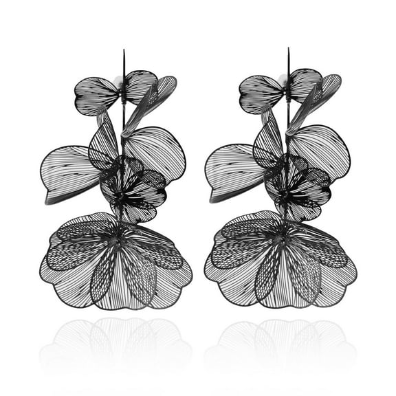 Oversized Boho Flower Tassel Dangle Earrings for Women,Large Filigree Floral Unique Metal Trendy Hawaiian Earrings,Statement Pretty Chic Jewelry Cute Big Petals Vacation Earrings(black)