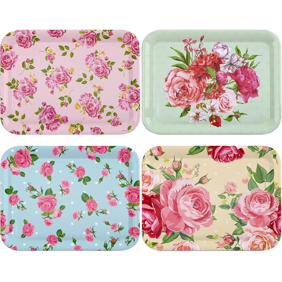 4 count Serving Trays Melamine Platters  Rectangle Party Trays for Theme Party  Dessert Serving Supplies, 13 x 9.7 inch(Colorful,Flower)