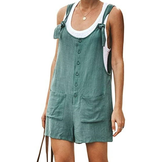 Women Summer Loose Button Pocket Jumpsuit Spaghetti Strap Short Pant Rompers Bib Pants Overalls Plua Size