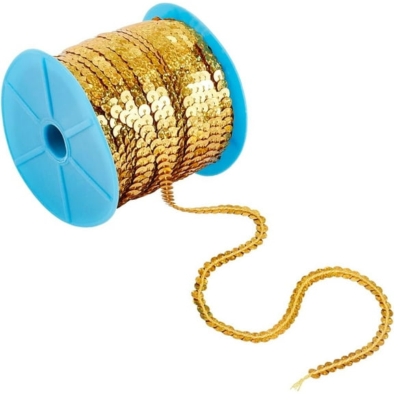 100 Yards golden Sequin Trim 6mm Flat Sequin Strips Metallic Sequin Strand Fabric Paillette String Holographic Glitter Sequins for Crafts Sewing Dress Costume Headband Fringe Embellishments