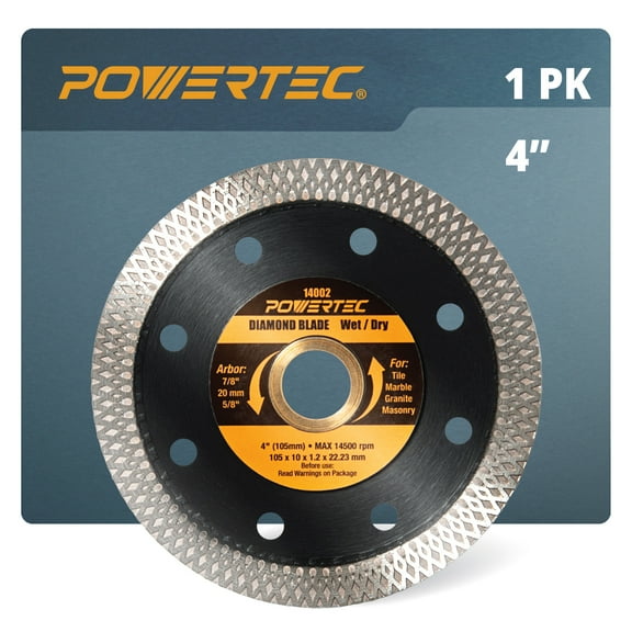 POWERTEC 1PK 4 Inch Diamond Saw Blades for Handheld Tile Saw & Angle Grinder, Super Thin Turbo Mesh Rim Tile Blades for Cutting Porcelain, Granite Tile & Ceramic Tile, 4" Diamond Blades (14002N)