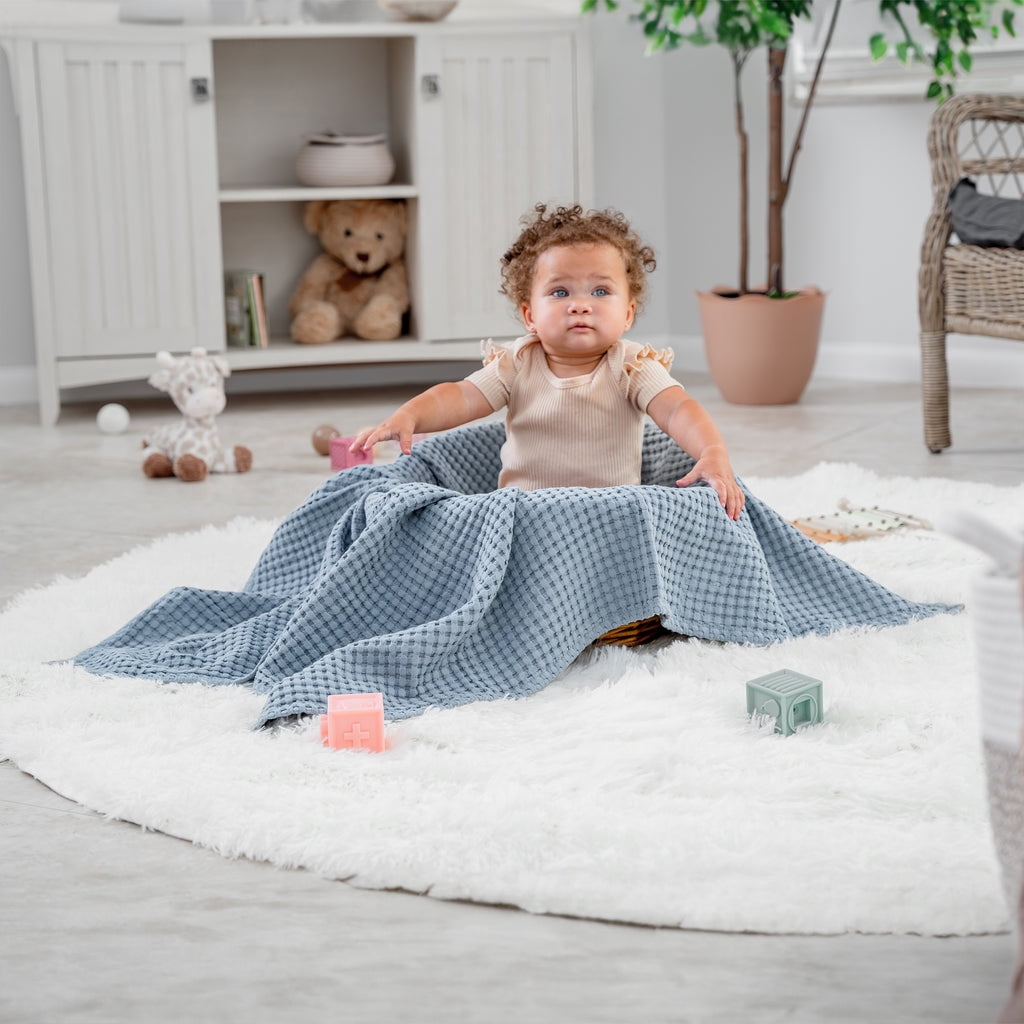 Comfy Cubs Waffle Weave Blanket - 40” x 40” - 100% Cotton Soft, Lightweight Baby Blanket, Pacific Blue