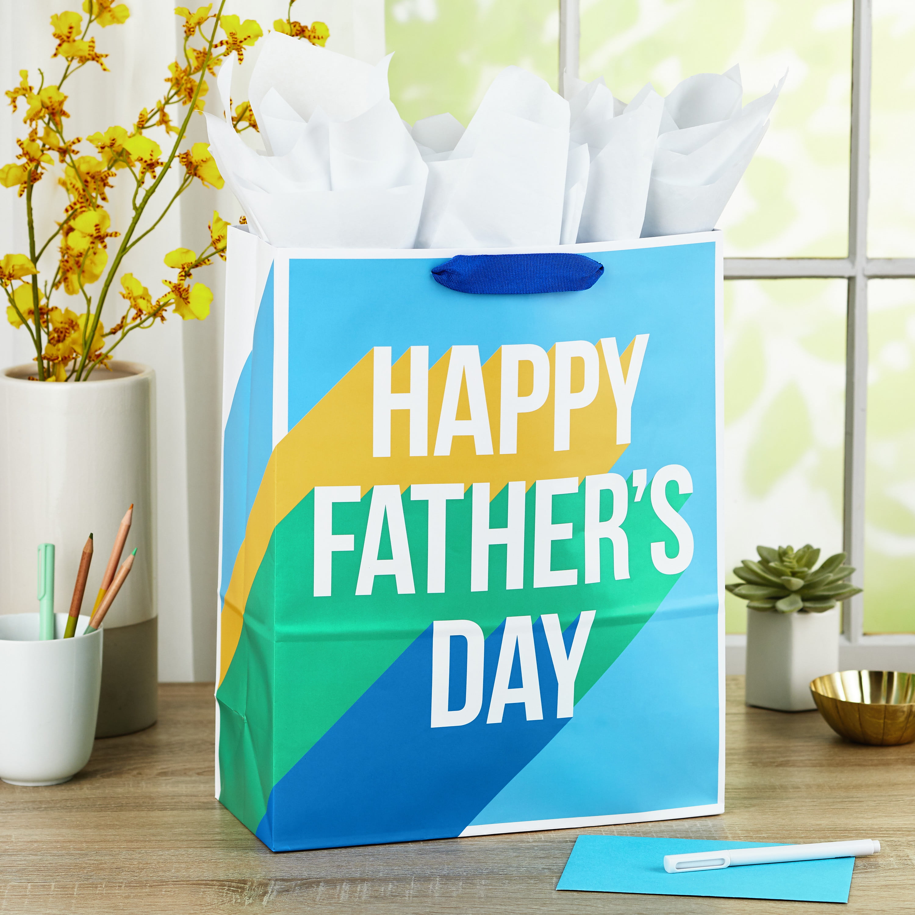 FaCraft Father's Day Gift Bag with Tissue Paper,13 Happy Fathers Day Wrapping Bag with Handle,Large Paper Gift Bag for Dad Father Men Grandpa Best