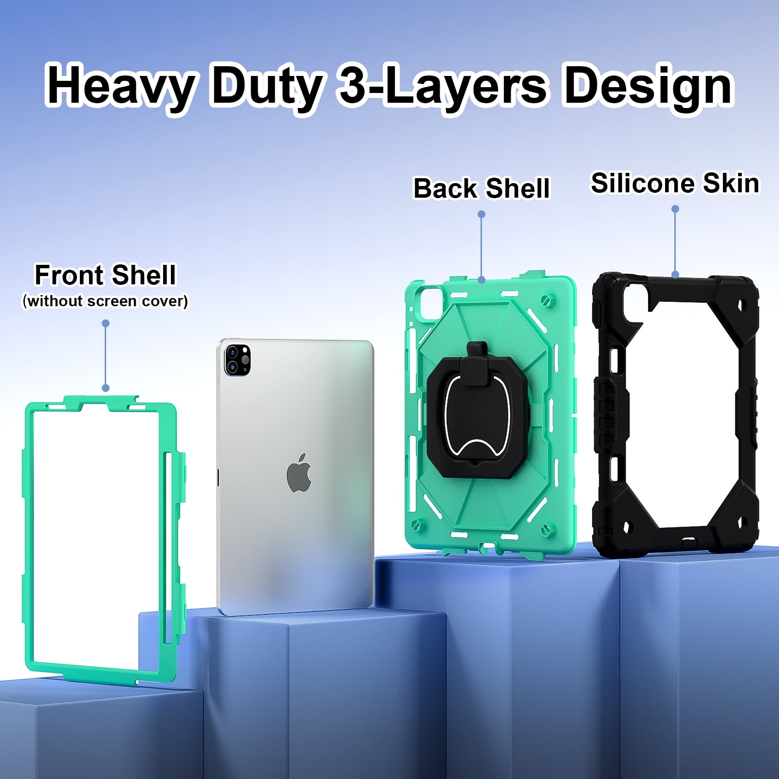 Shockproof Case for Apple iPad Pro 11 M4 2024, Build in Pencil Holder Rotating Stand Shoulder Strap Bumper Shockproof Rugged Kids Friendly Case Cover for iPad Pro 11 Inch M4 2024, Black+Mint