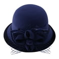 thumbnail image 3 of Women's Wool Felt Hat with Elegant Net Fabric Flower, Round Top Bucket Hat for Women, Vintage Tea Party Hat for Church, Wedding, and Special Occasions - Navy, 3 of 6