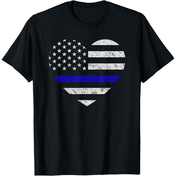 Thin Blue Line American Flag Heart Police Officer Support T-ShirtPure cotton short-sleeved shirts for both men and women