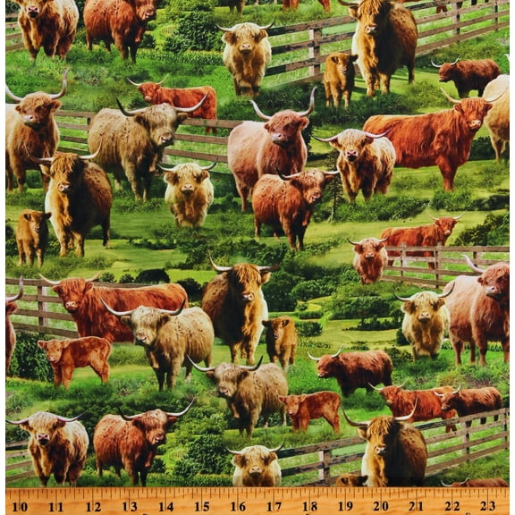 Cotton Highlands Cows Farm Animals Cattle Green Cotton Fabric Print by the Yard (FARM-CD3076-MULTI)