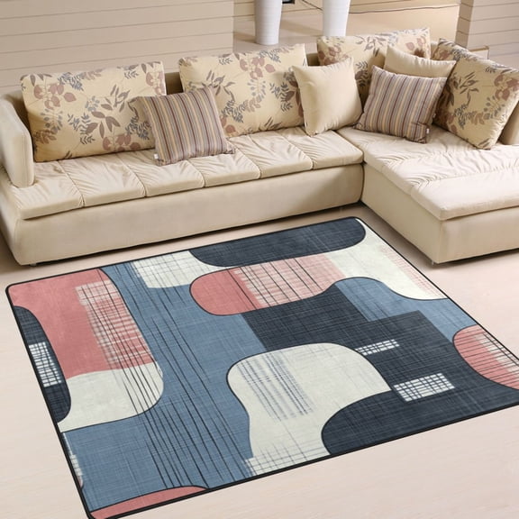 63x48in Area Rug for Living Room Non-Slip Carpet Soft and Washable Floor Mat for Home Comfort Blue and Pink Large Shapes