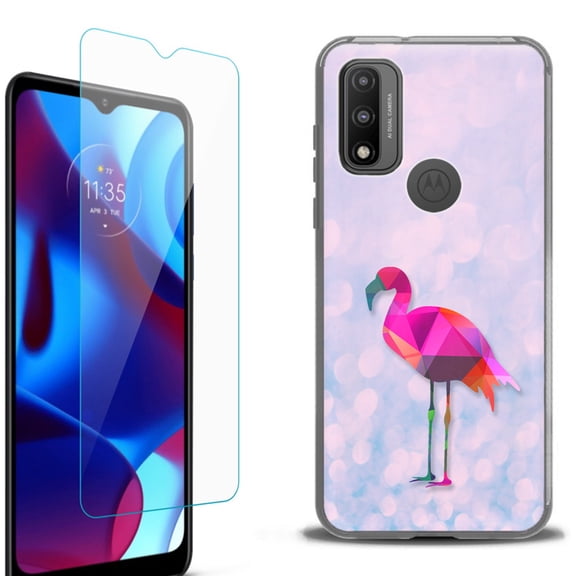 Slim-Fit Protective Phone Case (Black) compatible with Motorola Moto G Pure 5G, with Tempered Glass Screen Protector, by OneToughShield ® - Flamingo / Polygon