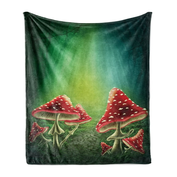 Mushroom Soft Flannel Fleece Blanket, Dark Forest with Mushrooms Adventure Misty Mysterious Wizard Witch Magic, Cozy Plush for Indoor and Outdoor Use, 50" x 60", Sea Green Red Cream, by Ambesonne