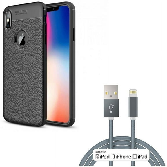PU Leather Case w 10ft MFi USB Cable for iPhone XS Max - Slim Fit Cover Reinforced Bumper Shock Absorbent Black and Certified Charger Cord Power Wire Braided