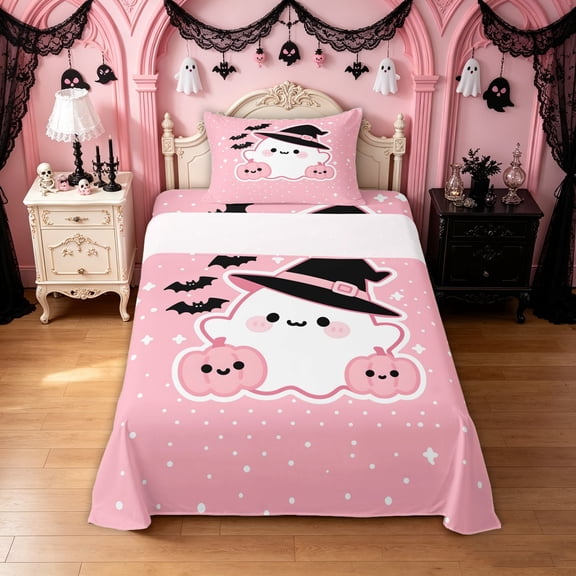 Feelyou Cartoon Ghost Pumpkin Twin Sheets, Kawaii Halloween Bat Bedding, 3 Pieces, 1 Flat Sheet, 1 Fitted Sheet and 1 Pillowcase