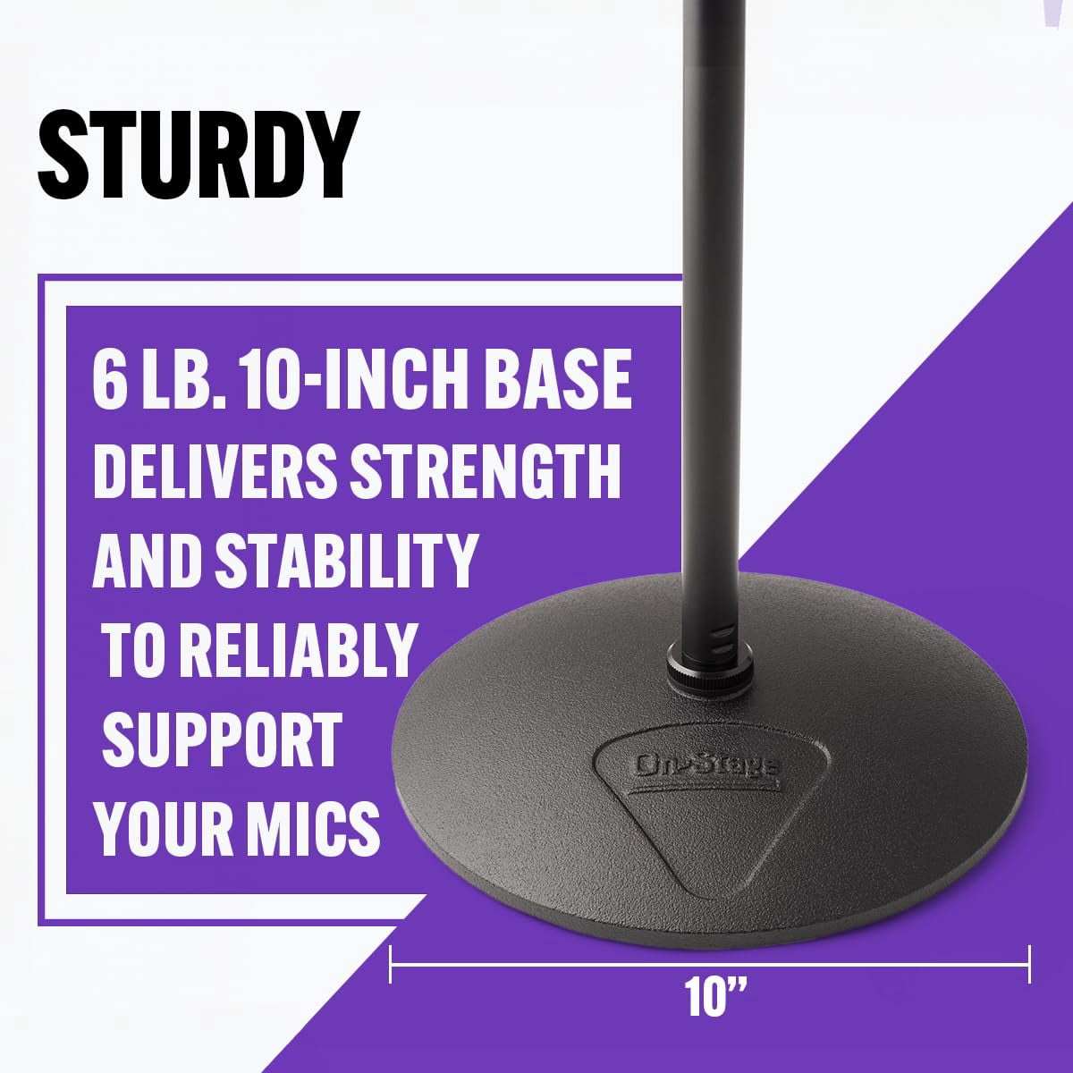 On-Stage Production-Grade MS9510 One-Handed Mic Stand with Round Base (For Vocal and Instrument Microphones, Height-Adjustable, Portable, Steel Construction, Standard 5/8″-27 Threading, Black)