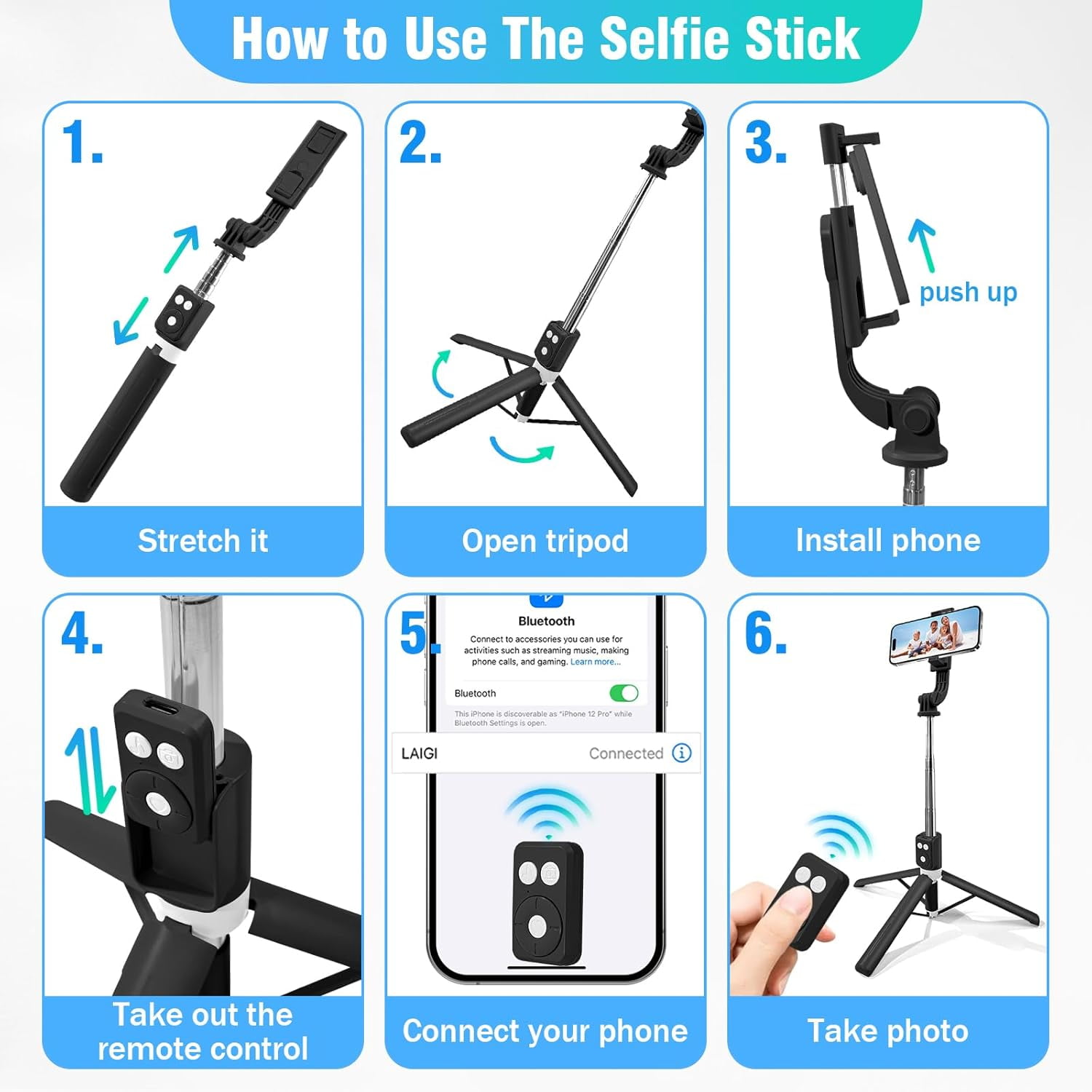 NEOYFC  Selfie Stick Tripod with Wireless Remote, Extendable Adjustable Length, Portable Travel Stand for iPhone 16/15/14/13/12, Samsung Galaxy & Smartphones (Black)