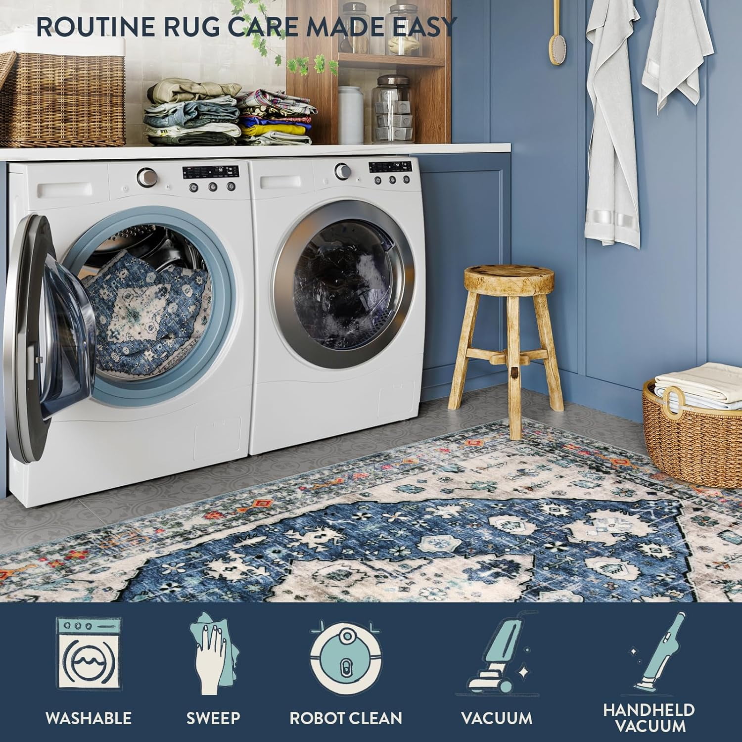 Wonnitar 3'x5' Boho Tribal Entryway Rug, Washable Area Rug for Kitchen Non Slip Stain Resistant, Low Pile Vintage Coastal Throw Rug for Bedroom Bathroom Laundry Room, Blue