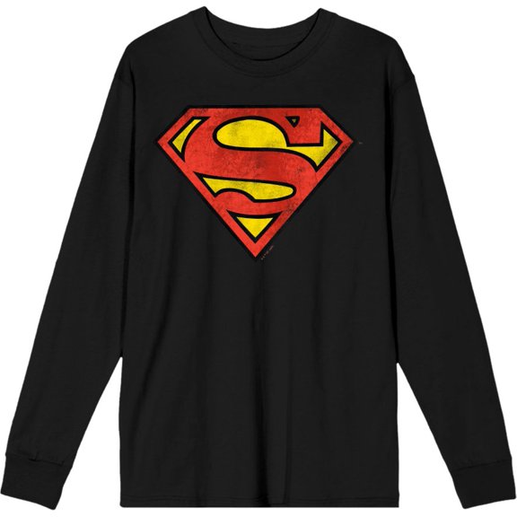 Superman Logo Adult Black Crew Neck Long Sleeve Tee-Medium