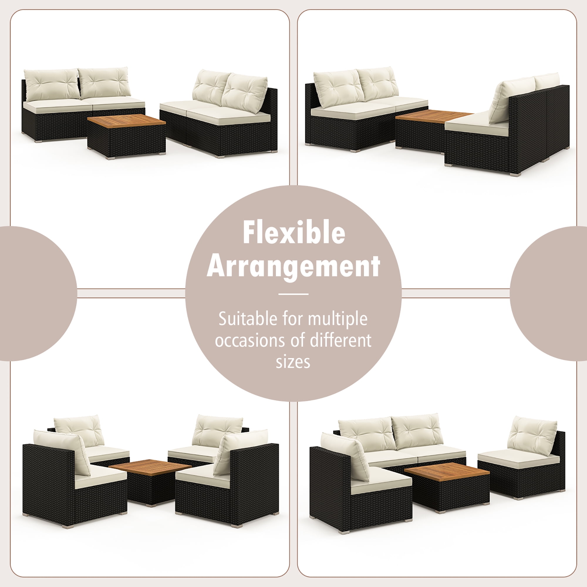 Gymax 5 PCS Rattan Sofa Set Outdoor Wicker Furniture Set w/ Back Cushions & Square Coffee Table
