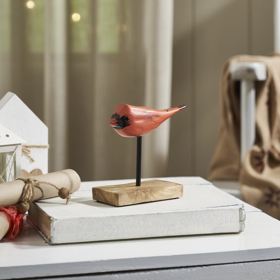 VHC Brands In Flight Natural Wooden Cardinal on Metal Stand 5x5x2