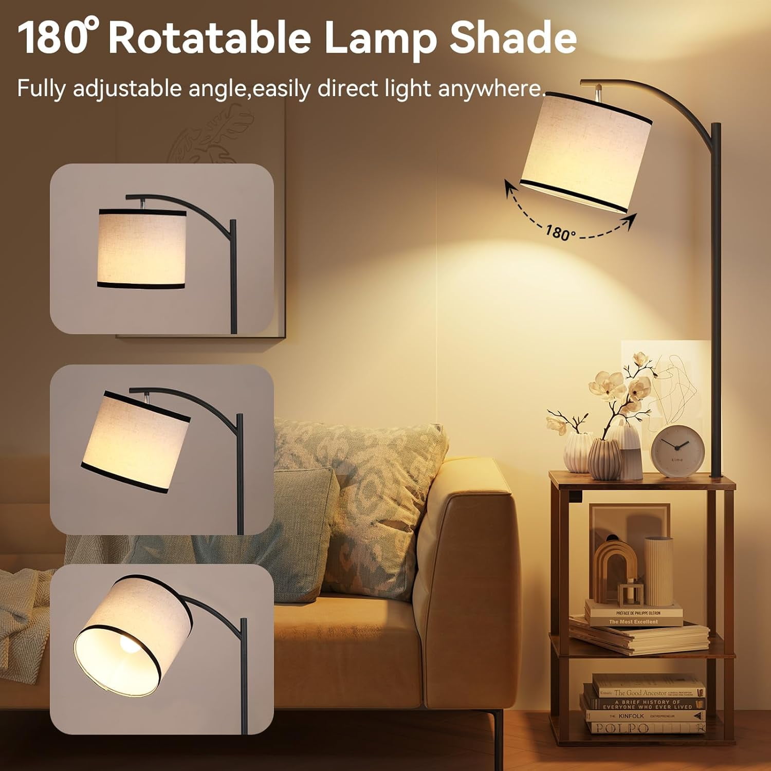 Floor Lamp with Table, End Table for Living Room with Lamp, Shelves Side Table with Charging Station(USB & AC Port), 3 Color Temperature LED Bulb, Modern Nightstand Lamp for Bedroom, Office