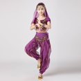 thumbnail image 4 of Conjunto de baile para niña, de poliéster, con top de lentejuelas de manga corta, cintura elástica, pantalones largos, talla mediana, cadena en la cintura, diadema y pulsera, 4 of 7
