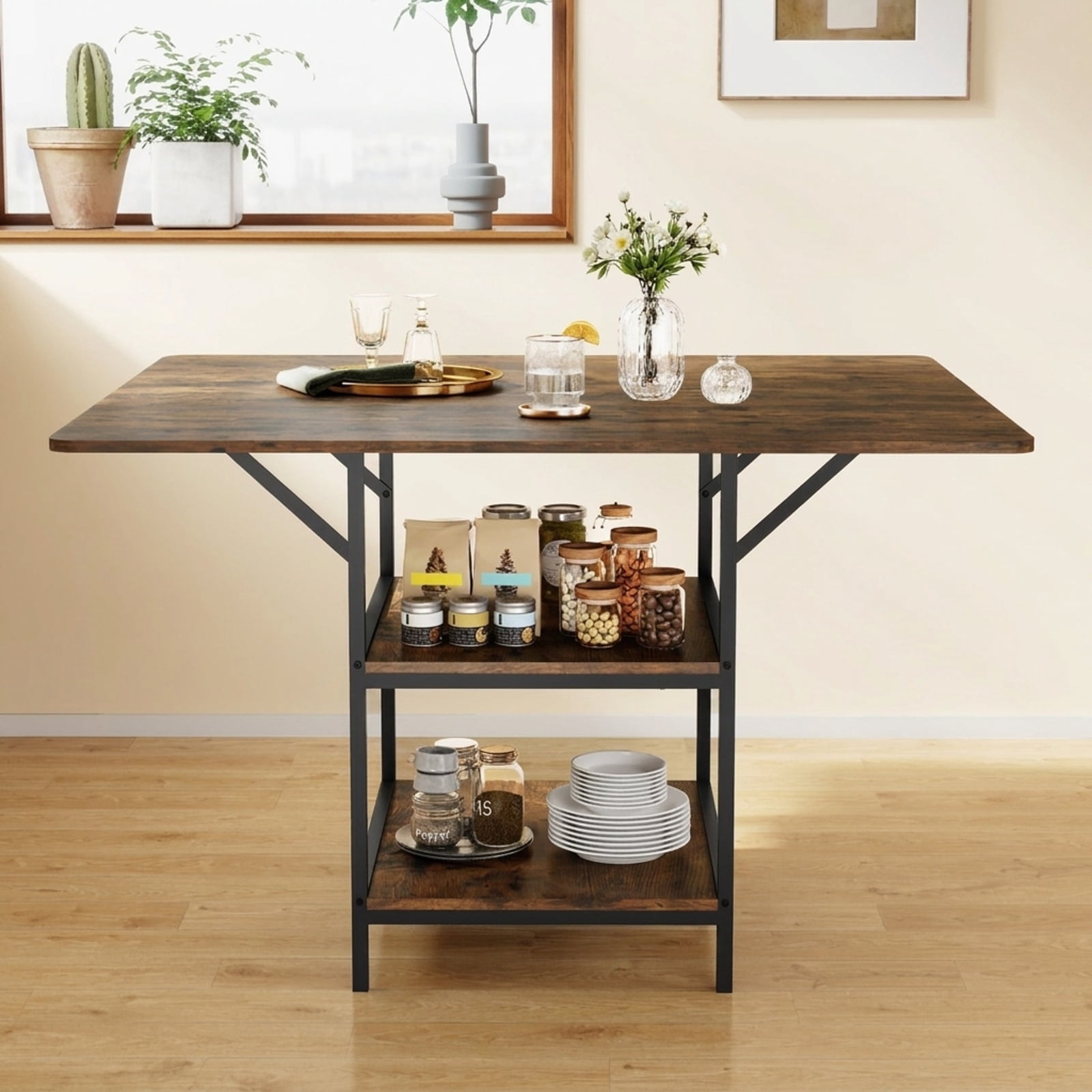 Furnibear 47 Inch Rectangular Dining Table for 4 to 6 with 2 Open Storage Shelves and Sturdy Metal Legs for Kitchen and Dining Room, Rustic Brown