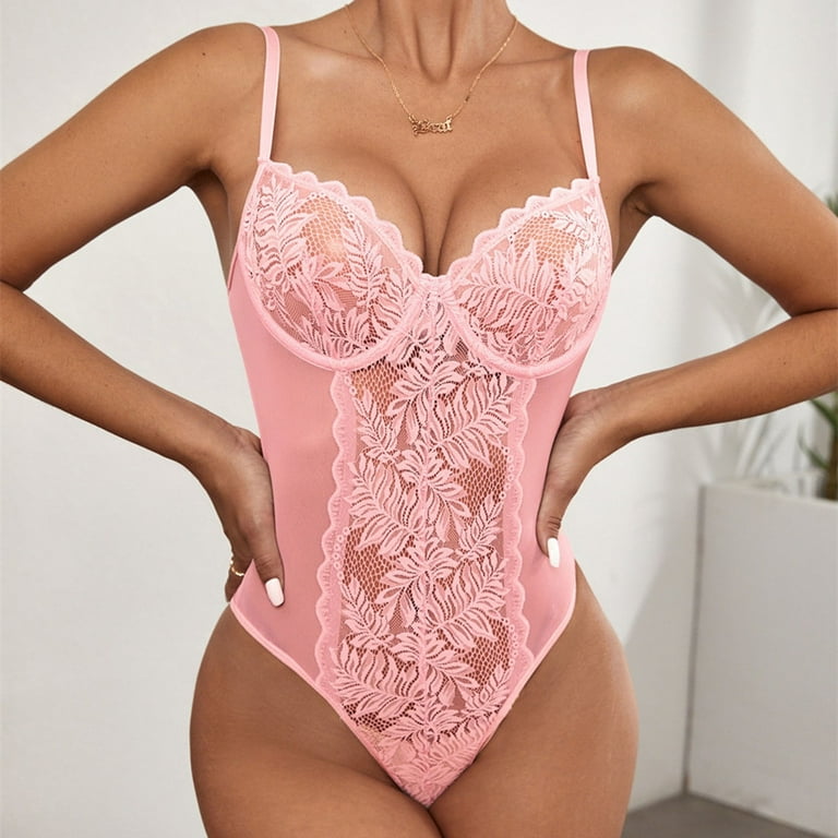 adviicd Silk Lingerie For Women Women Lace Bodysuit Deep V Neck Dobby Mesh  Body Suits Teddy Lingerie Pink M