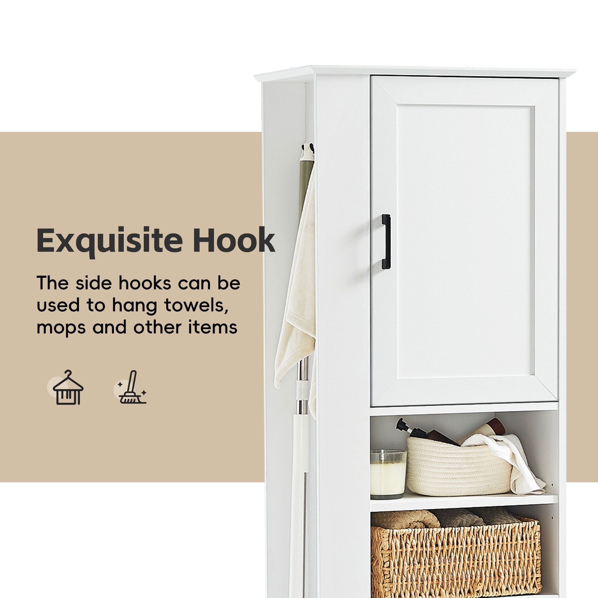 HOQBN 69"H Tall Bathroom Storage Cabinet,Freestanding Storage Cabinet with Hook & Adjustable Shelf for Bathroom, Living Room, White