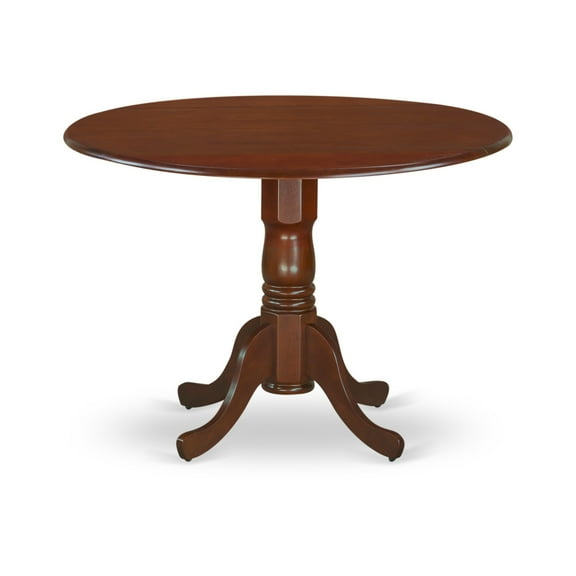 Mahogany Round Kitchen Table Set - DLML5-MAH-LC-VV , 5 Pc Small Table & Chairs , Sturdy Wood Carved Pedestal , 42" Width , 30" Height , 9 Drop Leaves , Ladder Back Chairs , Faux Leather Seats