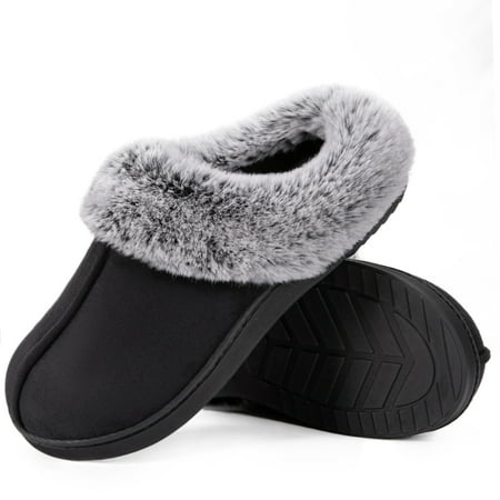 

HomeTop Women s Classic Microsuede Memory Foam Slippers Durable Rubber Sole with Warm Faux Fur Collar