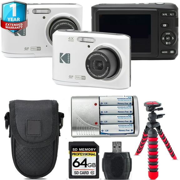 Kodak Pixpro FZ45 Camera (White) Extra Battery Tripod 1 Yr Warranty -64GB Kit